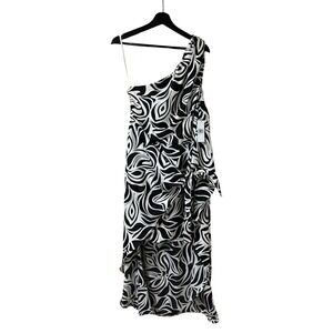 Donna Morgan Women's Size 12 One Shoulder High Low Midi Dress Ivory Black Swirl